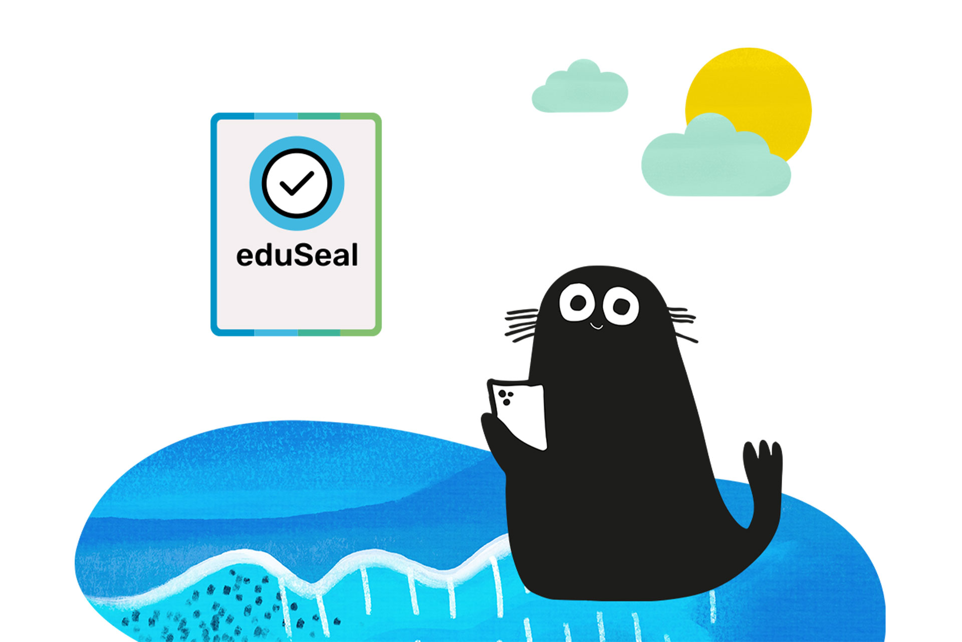 Robbe mit eduSeal-Zertifikat am Strand.